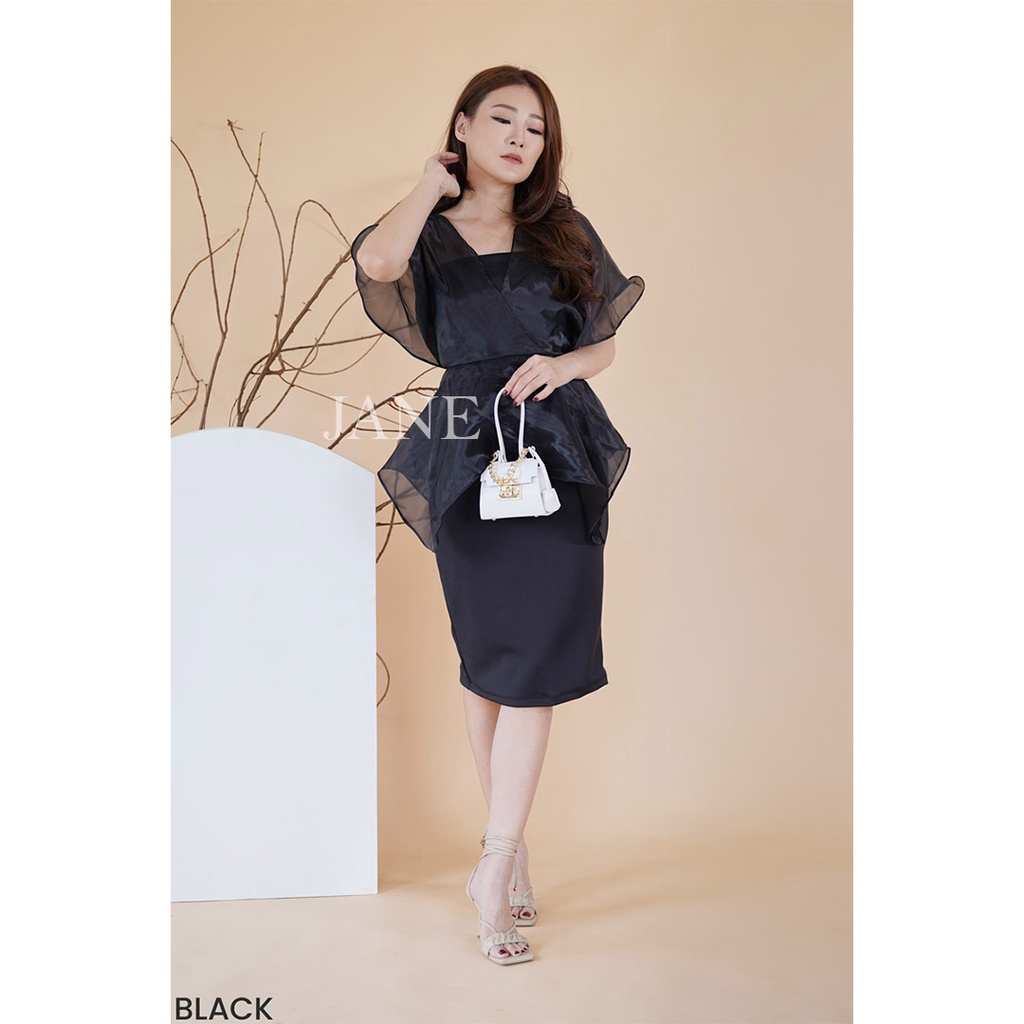 JANE COLLECTION || Gina Elegant Dress Wanita Pencil Skirt Tile Party Dress Midi Selutut Baju Kondangan