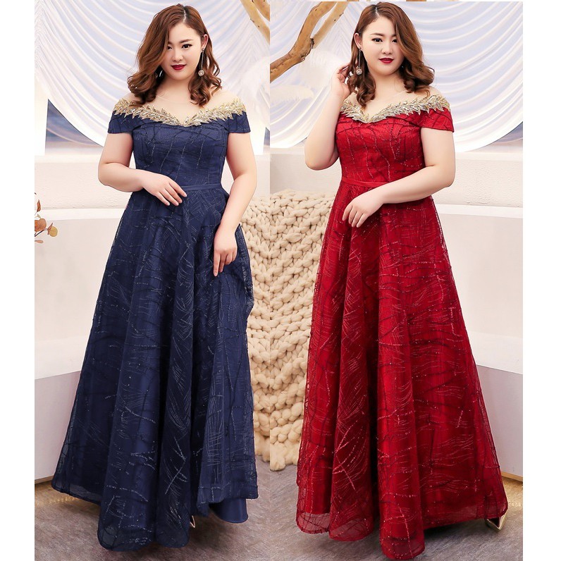 Gaun Pesta 1909044 Big Size Biru Merah Sabrina Party Dress Gown