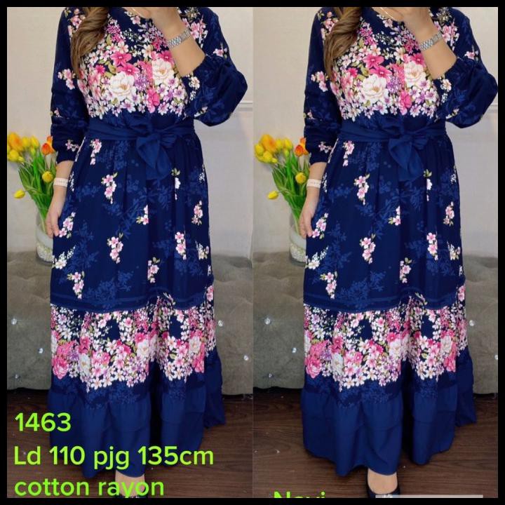 Gamis Wanita Import Motif Flower Cotton Rayon Import Bangkok - Navi