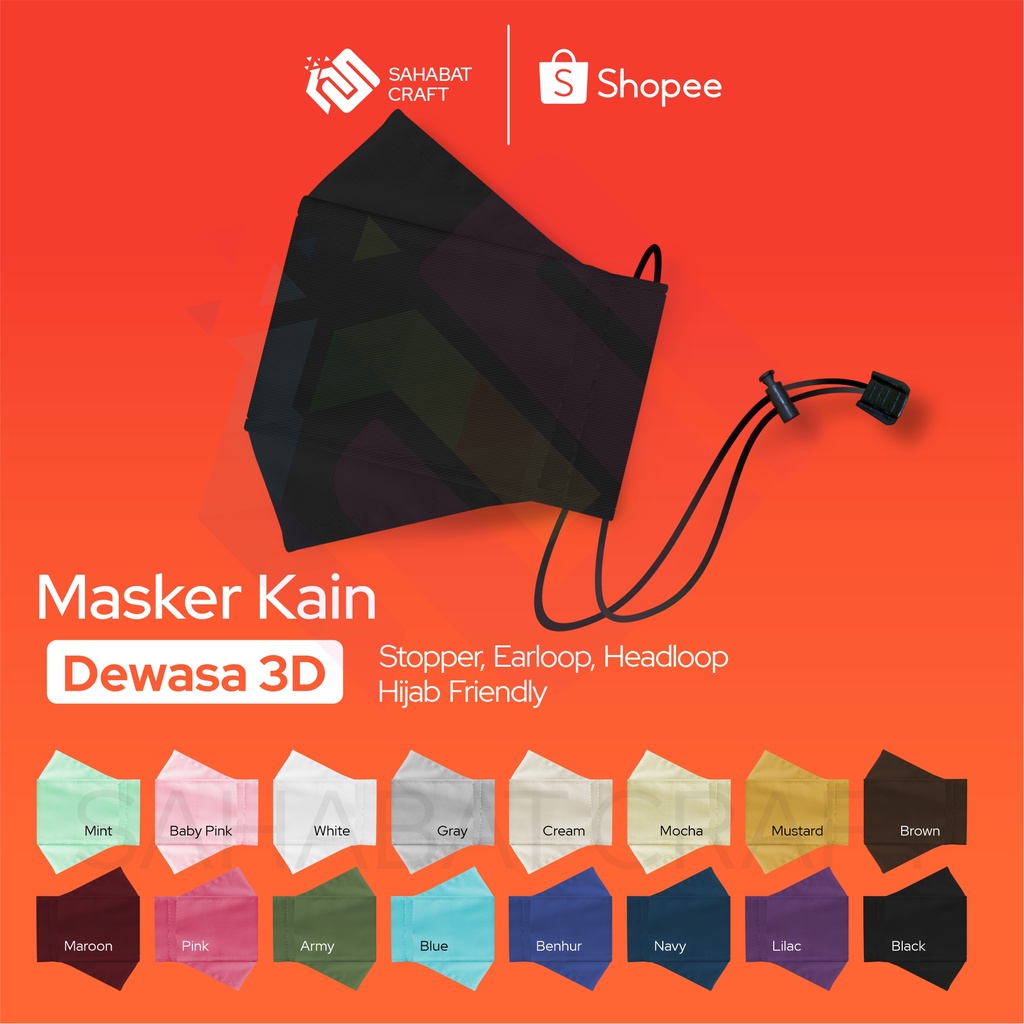 MASKER KAIN 3D KF94 | STOPPER KALUNG MASKER/EARLOOP/HEADLOOP HIJAB FRIENDLY PREMIUM QUALITY WARNA BARU
