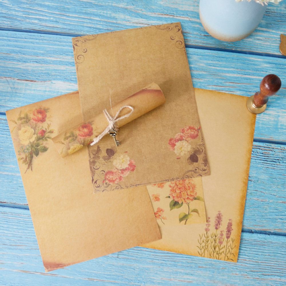 AUGUSTINA 8sheets Vintage Kraft Paper Flower Design Letter Paper Letter Pad Letterform Sketch Pad Stationery Drawing Pad Letterhead Writing Paper