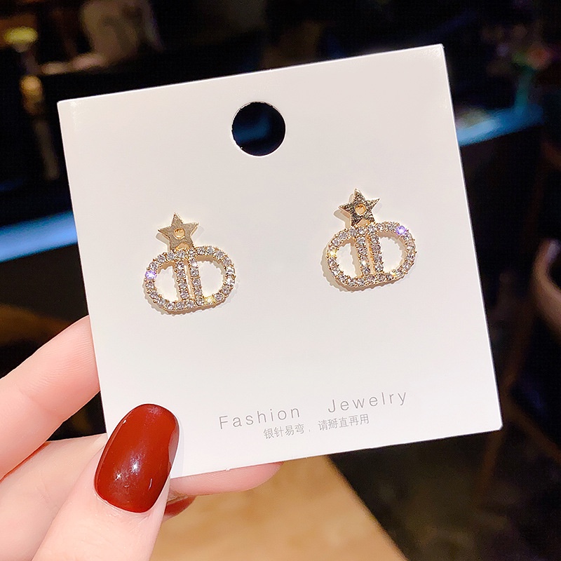 Anting 925 silver needle Aksen Berlian Zirkon Bersinar Desain Huruf