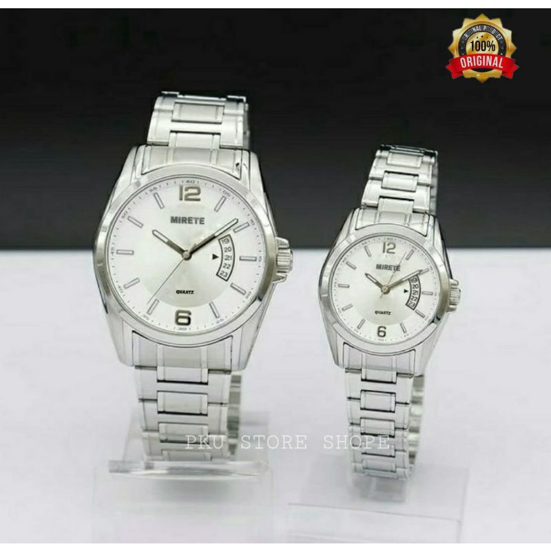 JAM TANGAN MIRETE COUPLE TIPE TERBARU MIRETE 8878 RANTAI STAINLIS STEL JAM TANGAN PRIA DAN WANITA JAM TANGAN COWO/CEWEK SEPASANG TAHAN AIR