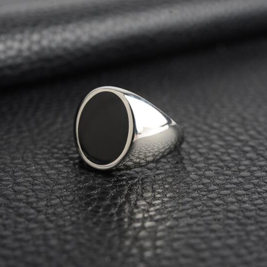 Cincin Batu Akik Hitam Bahan Baja Titanium Gaya Punk Untuk Pria