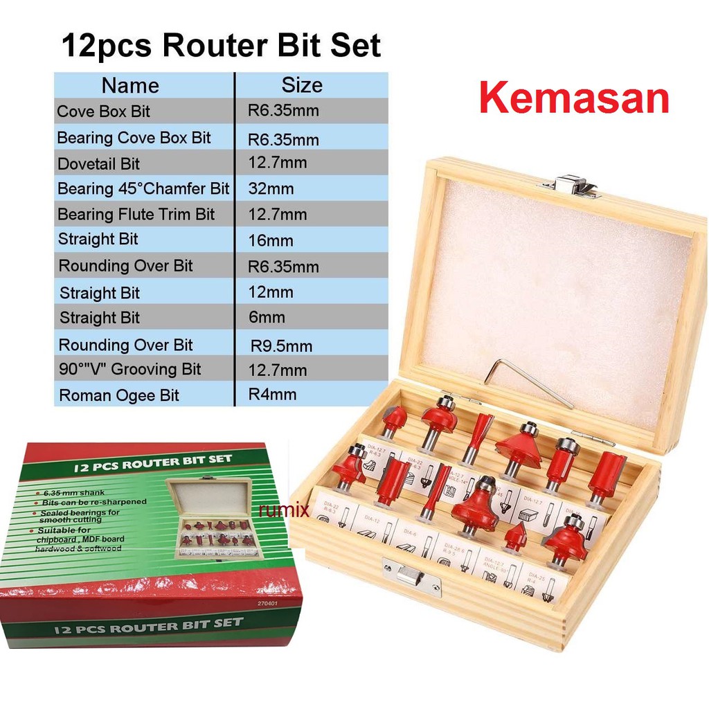 Mata Profil Set 12pcs Trimmer Router Bits Set 1/4” Kayu Router Mailtank Woodworking Shank Trimmer