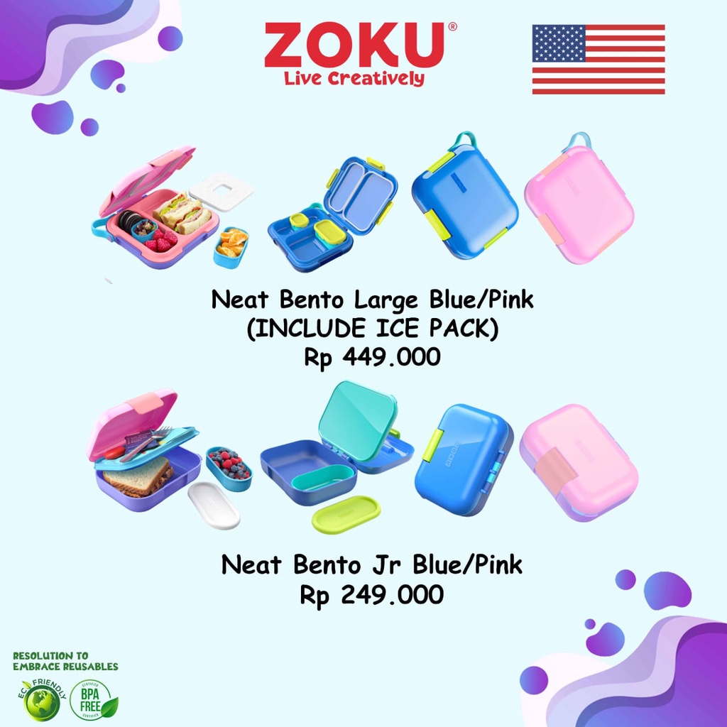 READY STOCK - ZOKU NEAT BENTO LARGE (INCLUDE ICE PACK) &amp; NEAT BENTO JUNIOR / TEMPAT MAKAN ANAK/ TEMPAT MAKAN BEKAL SEKOLAH / LUNCH BOX / ZOKU LUNCH BOX / BENTO BOX / BBOX LUNCH BOX / YUMBOX /OMIEBOX