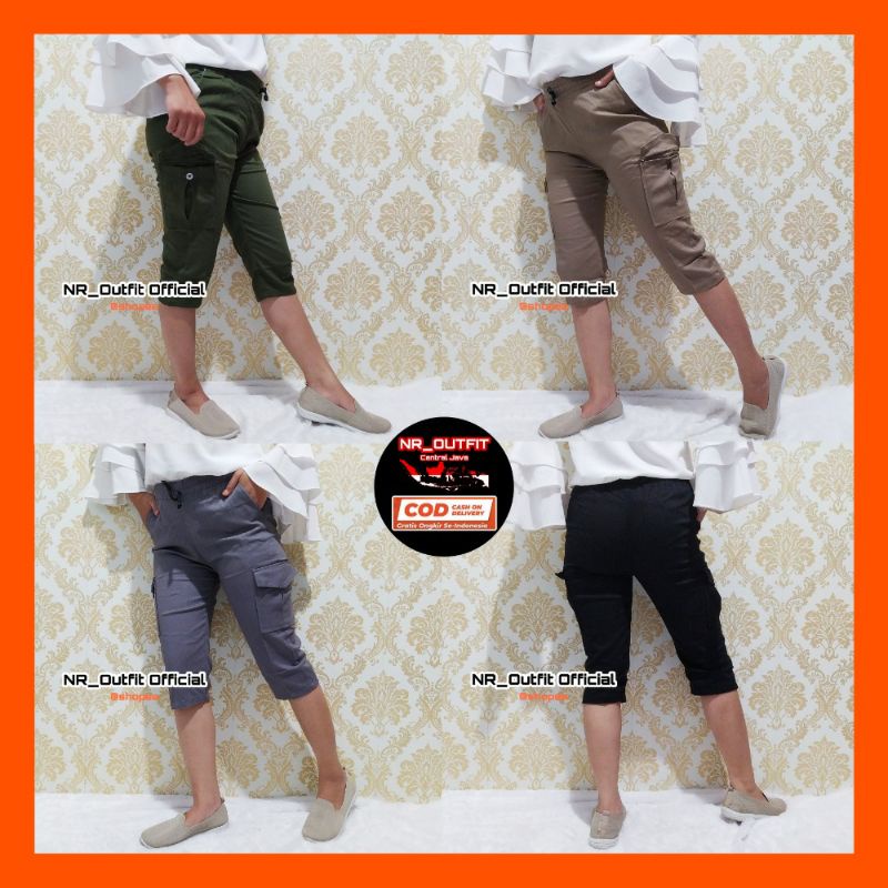 Celana Pendek Wanita Jumbo 7/8 Kantong Cargo Katun Twill Street Grade A Full Pinggang Karet Muter