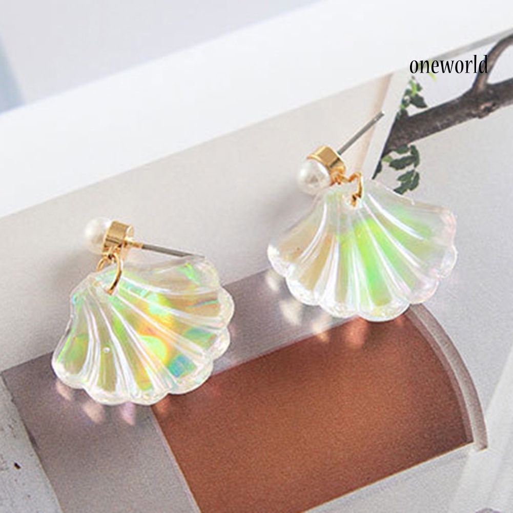 OW@ Colorful Resin Mermaid Rainbow Imitation Pearl Shell Women Stud Earrings Gift