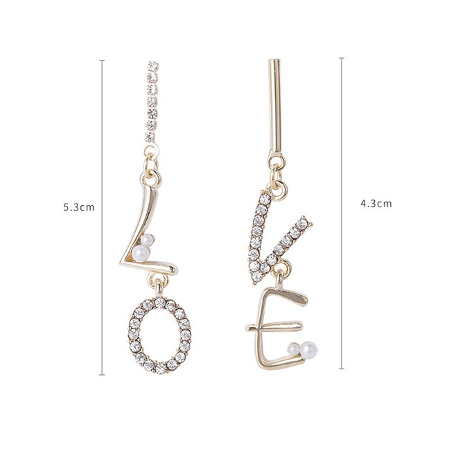 LRC Anting Tusuk Fashion Golden 925 Silver Needle Asymmetric Diamond Love Letter Earrings D87549