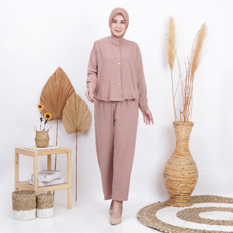 Kemeja set wanita krah shanghai | Setelan kemeja busui lengan panjang | Setelan kemeja oversize crinkle