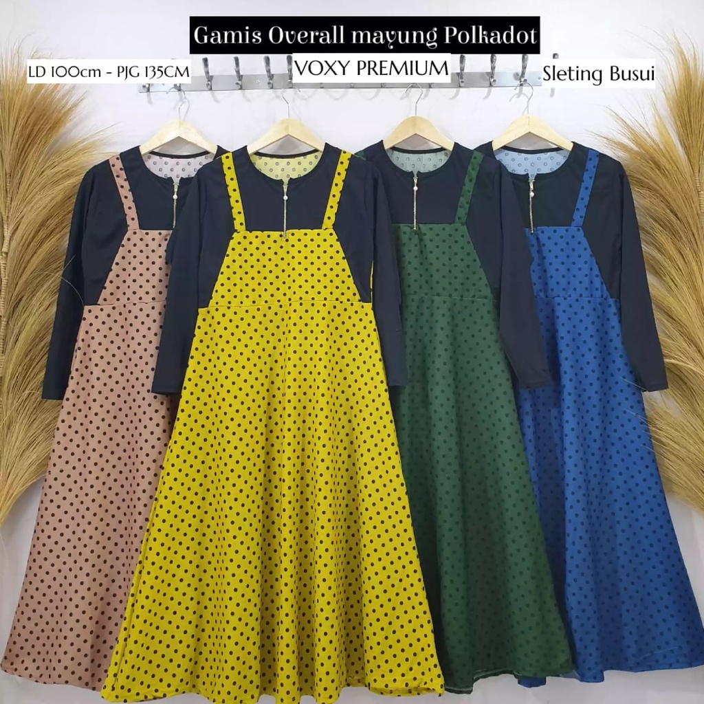 Gamis Busui Mayung Overall Motif Polkadot ( Real Pic ) Bahan Voxy Spandek Premium Tebal Fit XL LD 10