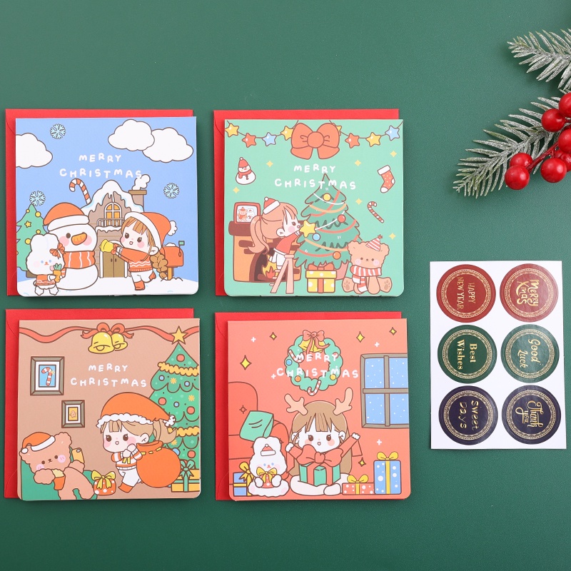 4pcs Kartu Ucapan Desain Kartun Perempuan Lucu Untuk Natal