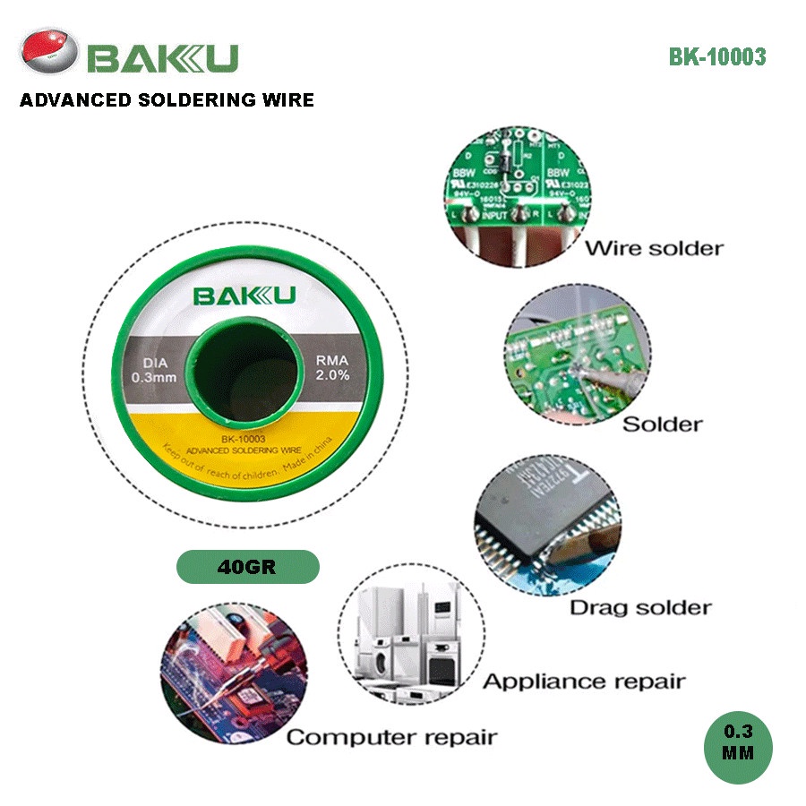 Baku BK-10003 0.3mm Timah Gulung/Timah Solder/Kawat Solder RMA 2.0%