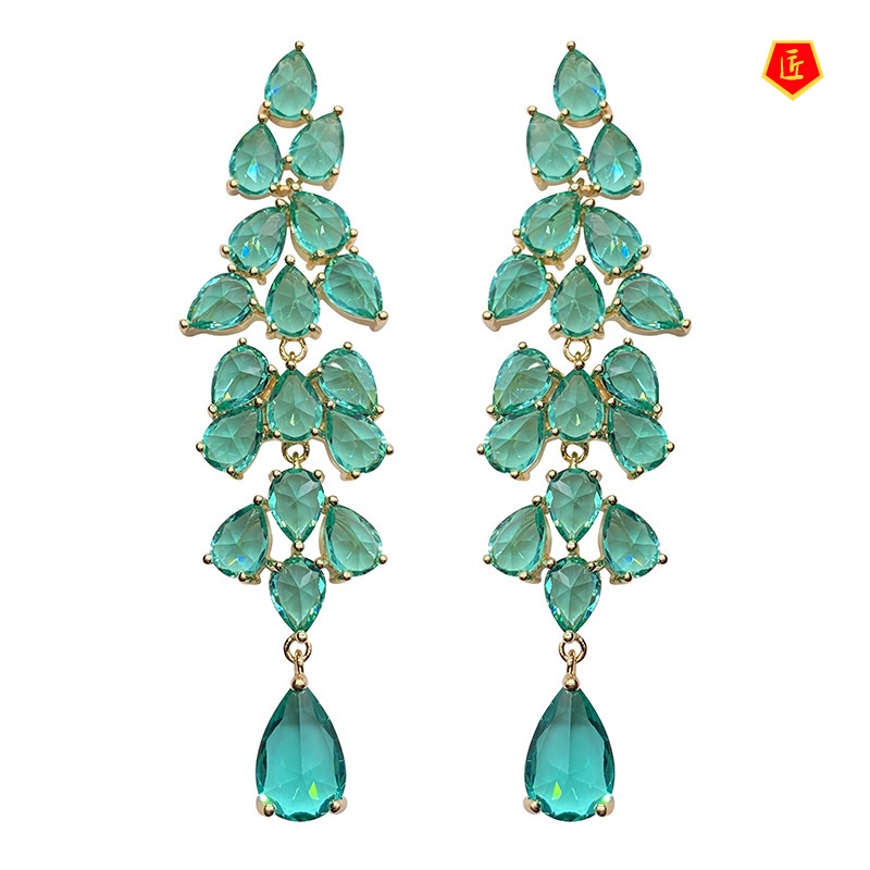 [Ready Stock]18K Gold Exaggerated Emerald Leaves Tassel Earrings