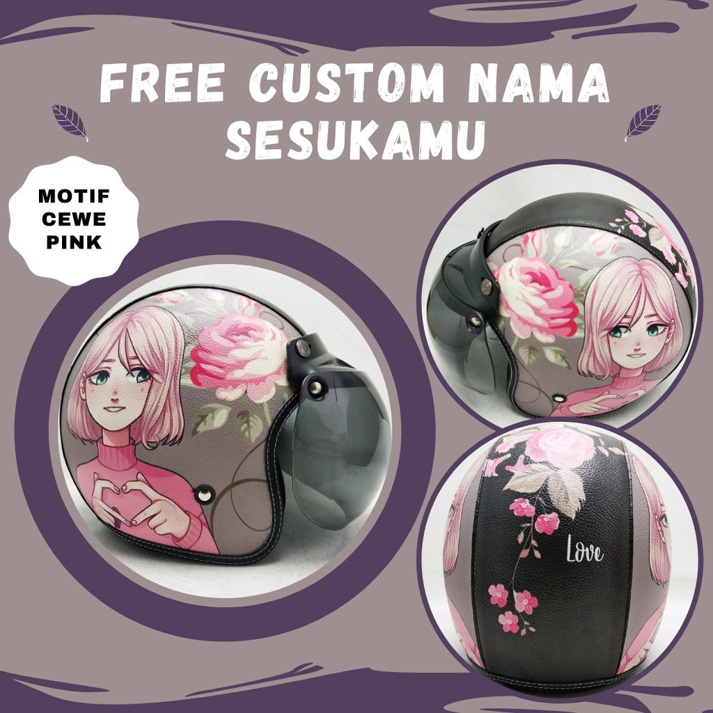 HELM BOGO RETRO MOTIF CEWE PINK BUNGA PEREMPUAN KULIT WANITA DEWASA KACA DATAR CLASSIC - HELEM BOGO 