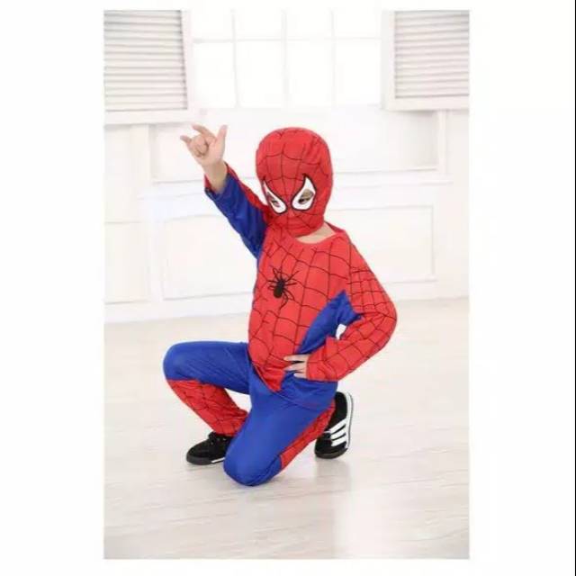 Kostum baju anak spiderman topeng kain  baju anak laki laki spiderman topeng kain