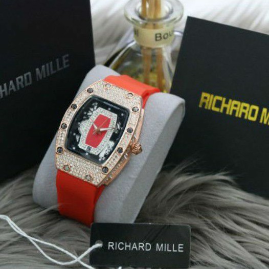 Jam Tangan Wanita RM Richard Mile Body Rosse Gold Diamond Tali Rubber Merah Super Mewah  - Rm013