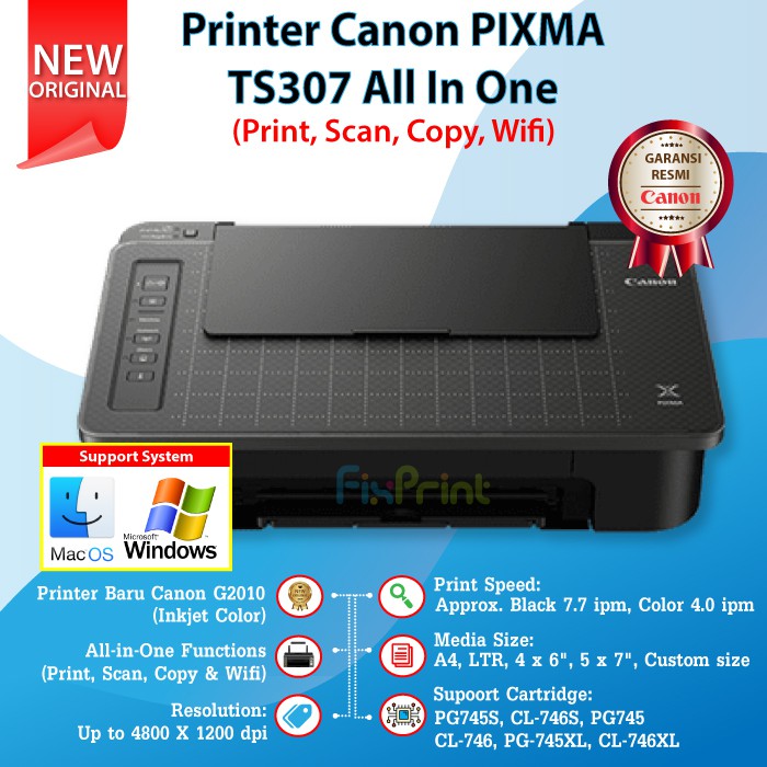 Printer Canon TS307 TS-307 WiFi, Photo Printer Borderless (Tanpa Tepi)