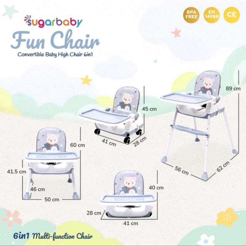 Sugar baby Fun Chair (Convertible Baby High Chair 6in1) KURSI MAKAN BAYI SUGAR BABY MY CHAIR BABY BOOSTER HIGH CHAIR SUGAR BABY 6 POSISI KURSI Makan sugarbaby High Chair KU