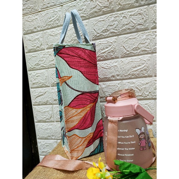 tas botol air minum 2 liter bahan motif lapis furing motif monstera tebal size 12*11*32 cm