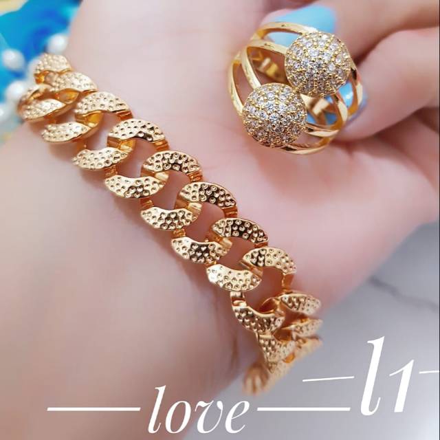 Set gelang tangan dan cincin dilapisi emas 18 k