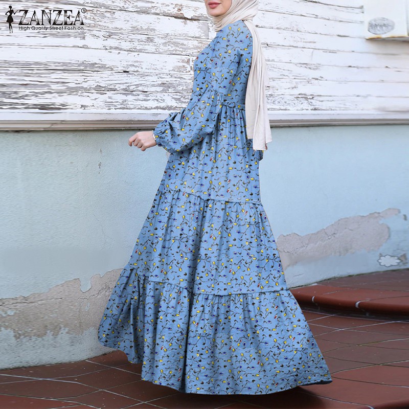 ZANZEA Women Long Sleeve Vintage Printed Tiered Long Muslim Dress