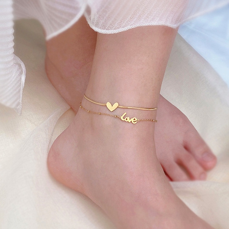 SEALOVE Gelang Kaki Titanium Wanita Multilayer LOVE Huruf Hati Emas 18k Anti Karat Asli Korea Aksesoris