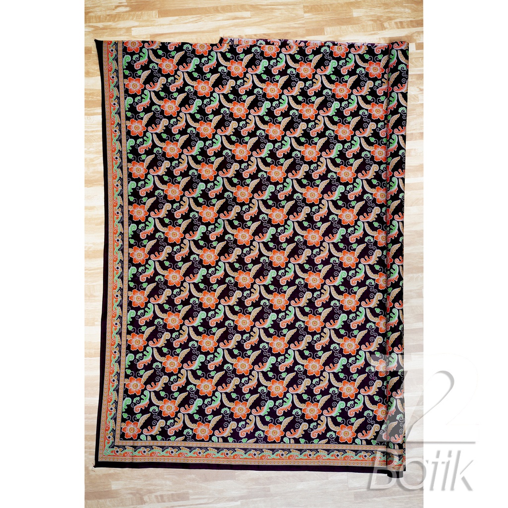 KAIN BATIK KATUN Premium Motif Kembang Warna Hitam Orange Hijau Merah 723267 Cap 72 Jarik Jarit Samping Kebat Panjang Batik Katun Modern Premium Bahan Seragam Batik Pernikahan Kantor Keluarga Murah Kamen Jadi Batik Bali Lembaran