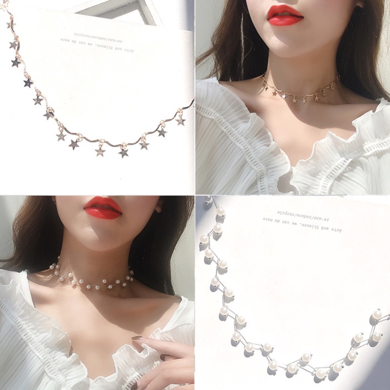 Kalung Choker Desain Bintang Aksen Mutiara Gaya Korea