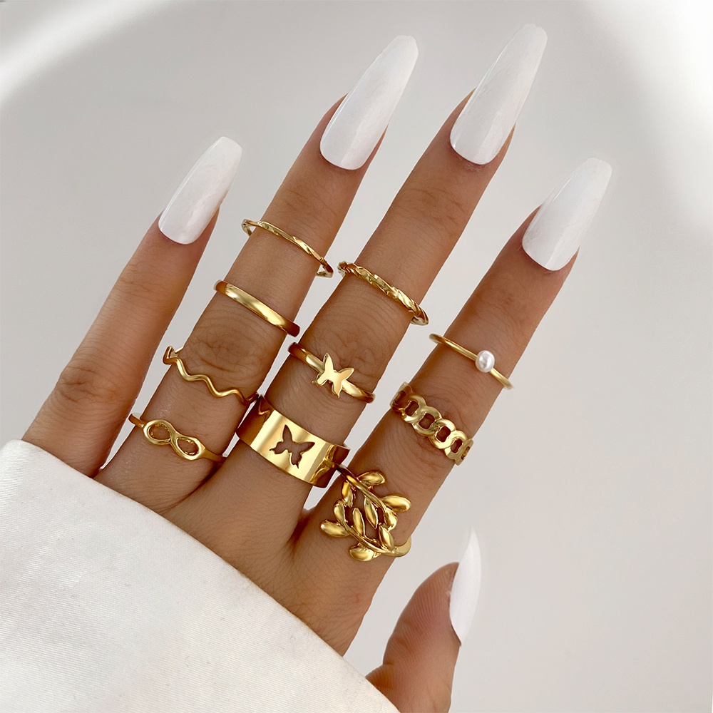 IFYOU 10pcs / set Cincin Jari Desain Kupu-Kupu Cutout Warna Emas Gaya Vintage Untuk Wanita