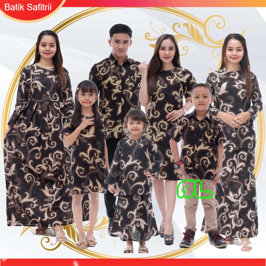 Couple Keluarga - Batik Keluarga - Ibu Bapak Anak - Motif Tanaman Kangkung Hitam - Dress Tunik Blus 