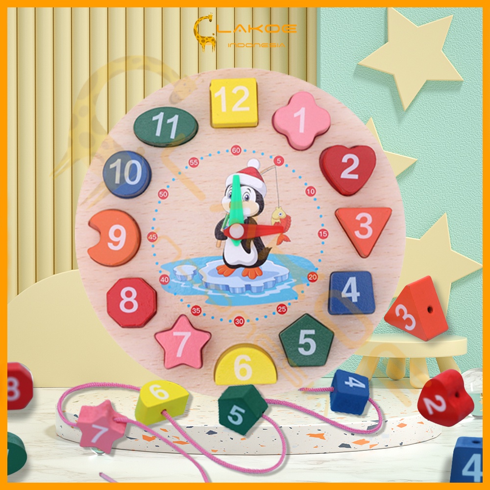 LAKOE Mainan edukasi puzzle kayu anak Penguin Beaded Clock wooden