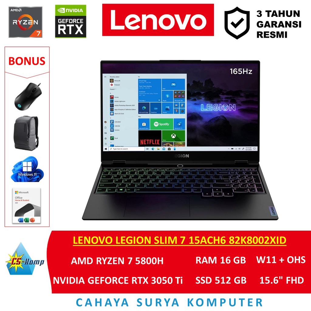 Laptop Lenovo Legion Slim 7 15ACH6 82K8002XID AMD Ryzen 7 5800H RAM 16GB SSD 512GB NVIDIA GeForce RT