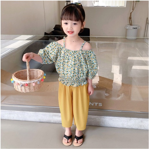 SETELAN STELAN ANAK PEREMPUAN IMPORT Girlset CROP CELANA BUNGA KUNING + CELANA  100-140