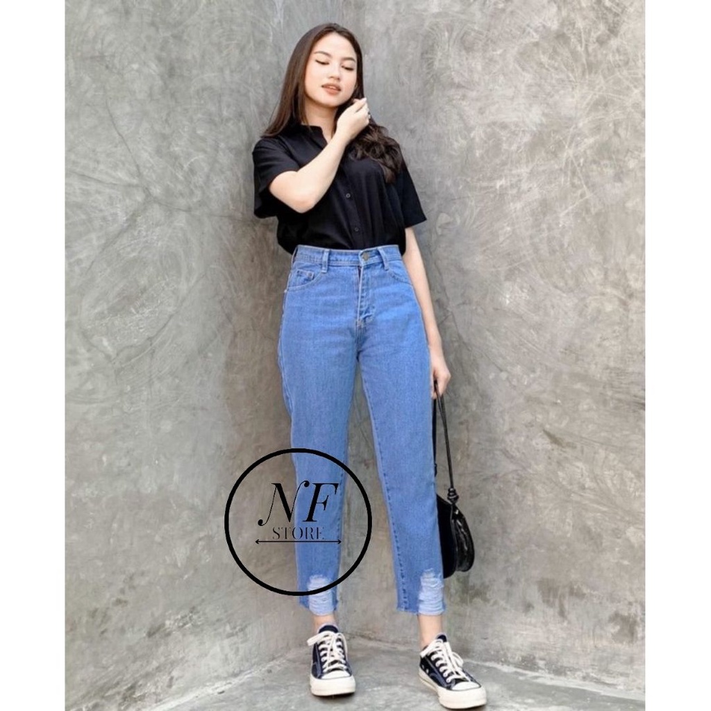 Boyfriend Jeans Wanita Sobek Bawah UNFINISH  // JEANS SOBEK RAWIS