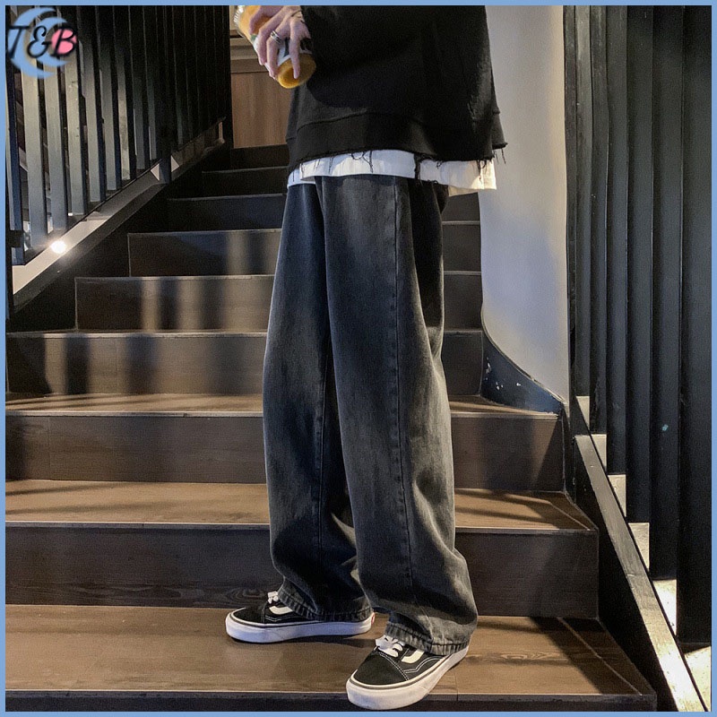 Celana jeans pria celana jeans panjang pria Korean Style gombrong Kulot Pria OverSize straight Jeans loose pants hitam  celana lebar pria Celana jeans cowok import nyaman casual denim