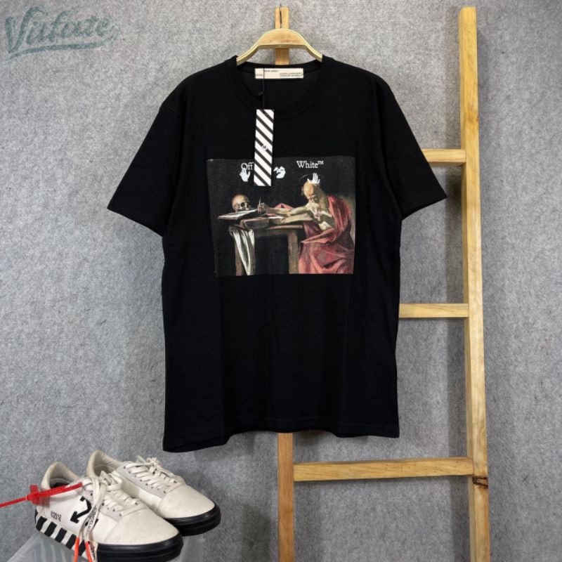 KAOS T-SHIRT OFF WHITE CARAVAGGIO HITAM PREMIUM BESTSELLER FULLTAG &amp; LEBEL