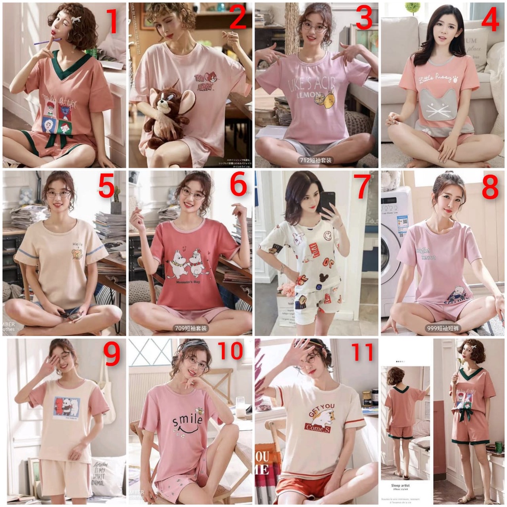 Baju tidur piyama bahan kaos import lengan pendek celana pendek HP79