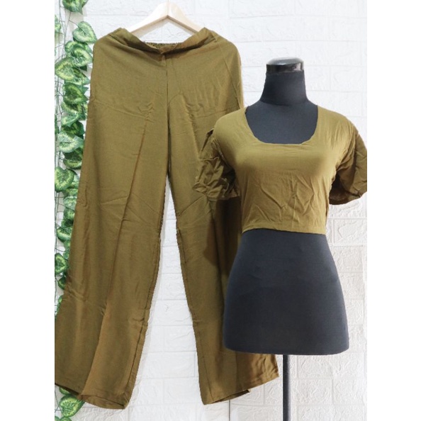 Baju Setelan wanita Crop Square Kekinian Karet / one Set Crop Square/ Top wanita-Olive polos