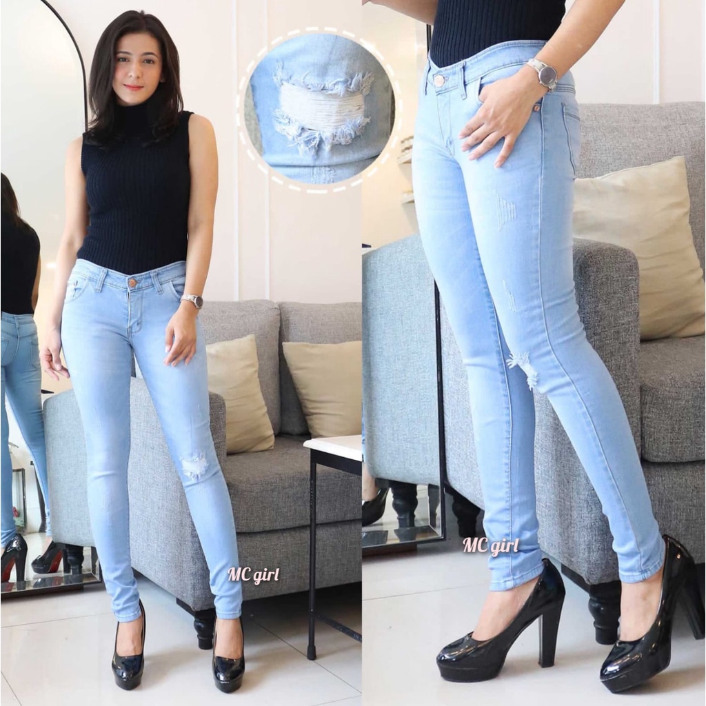 MC girl - Celana Jeans Sobek Ada Lapisan Warna Biru Muda Wanita / Celana Lepis Panjang Sobek Cakar  Light Blue / Celana Denim Skinny Pensil Ripped Tidak Tembus