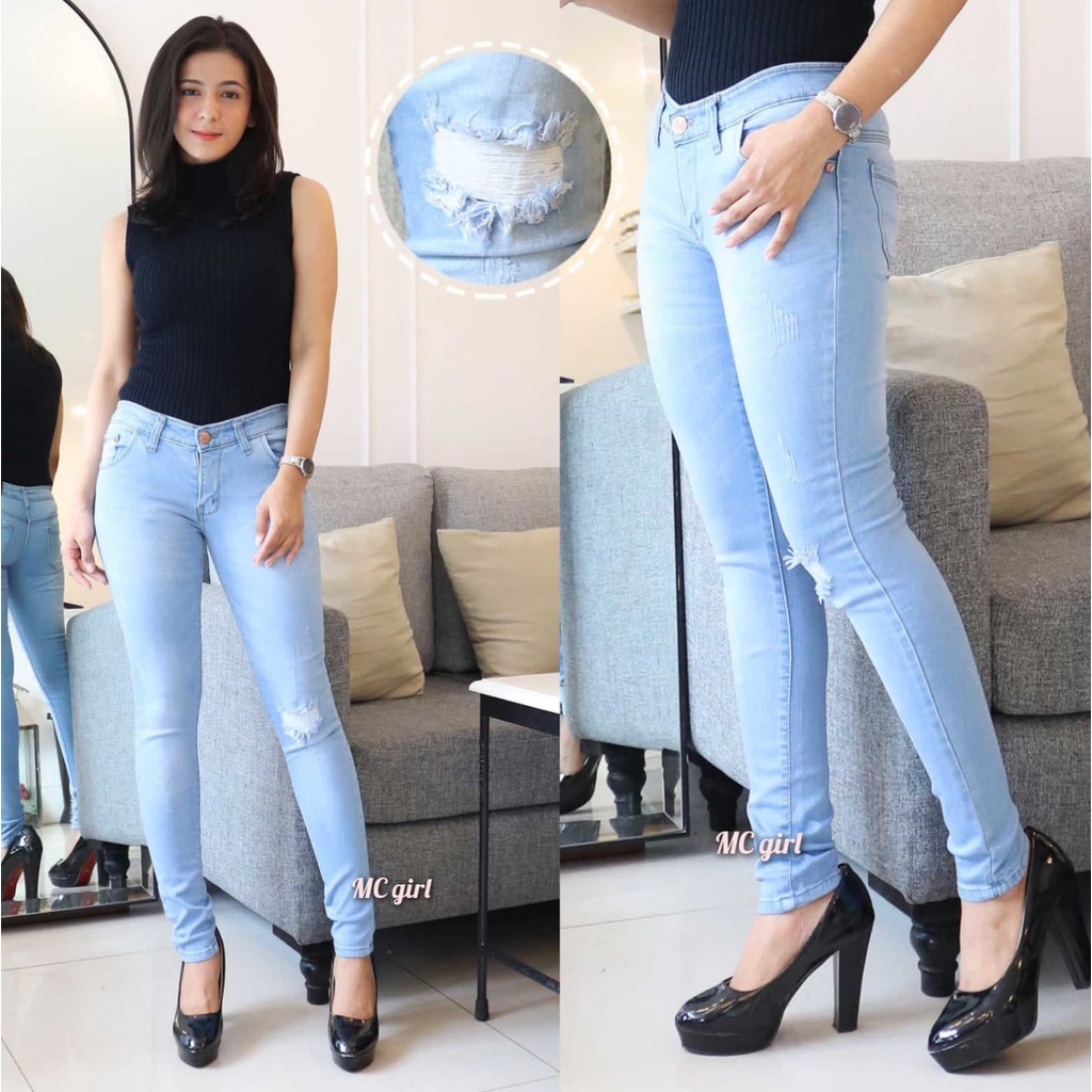 MC girl - Celana Jeans Sobek Tidak Tembus Warna Diamond Wanita / Celana Lepis Panjang Sobek Cakar Daimon / Celana Denim Skinny Pensil Ripped Ada Lapisan