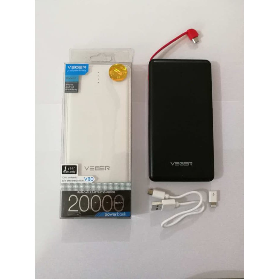 Powerbank Veger V80 20000Mah Original 100% Tahan Lama Felksibel - Putih