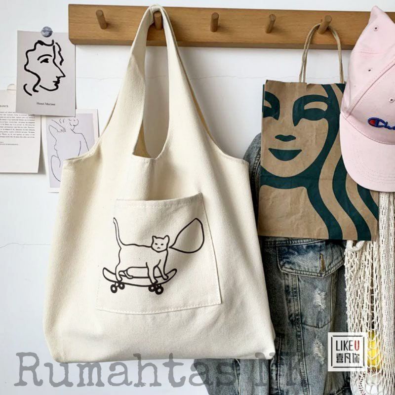Totebag Vintage Saku Depan Populer Tas Tote-Skateboard cat