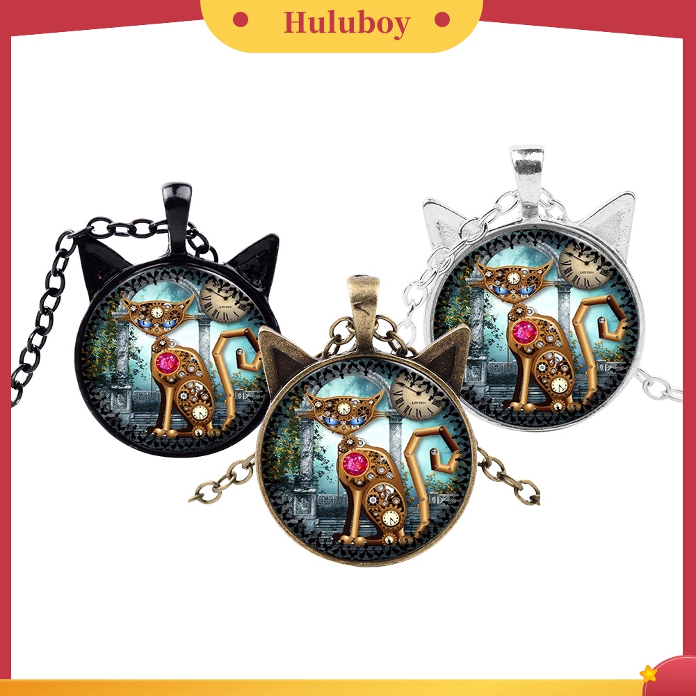 Hu Hu Hu Hu Hu Alat Bantu Pasang Kacamata♡ Kalung Rantai Liontin Cabochon Kaca Motif Kucing Gaya Vintage Untuk Unisex