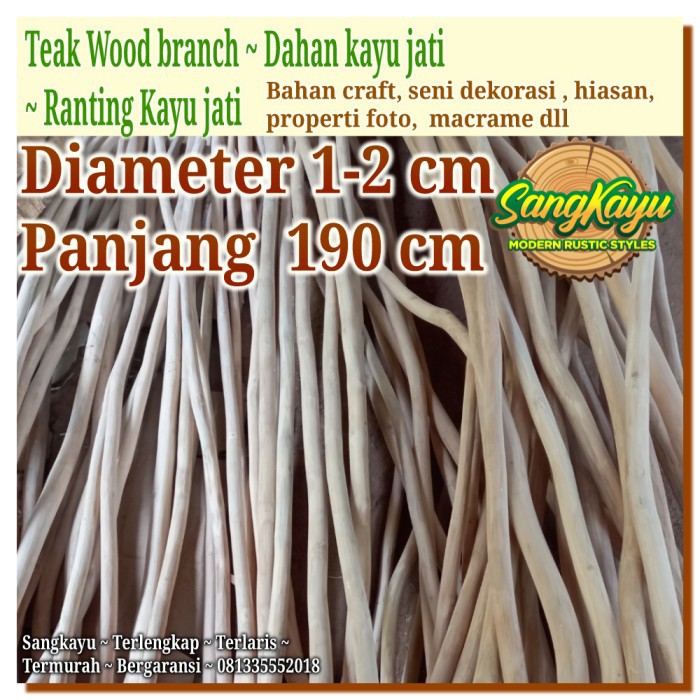 Kayu dahan kayu jati teak wood 1-2x190cm bahan macrame craft dekorasi