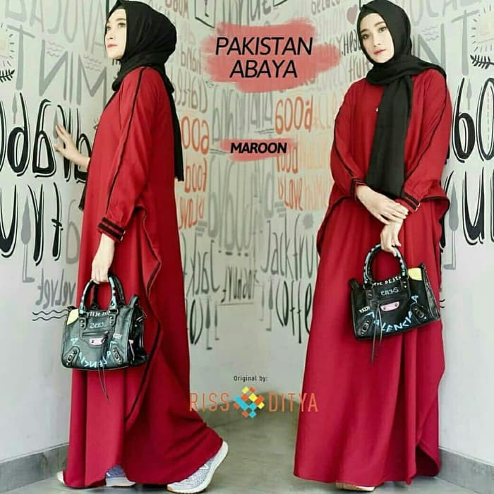 Abaya Pakistan Maroon Baju Gamis Wanita Fashion Muslim Kekinian