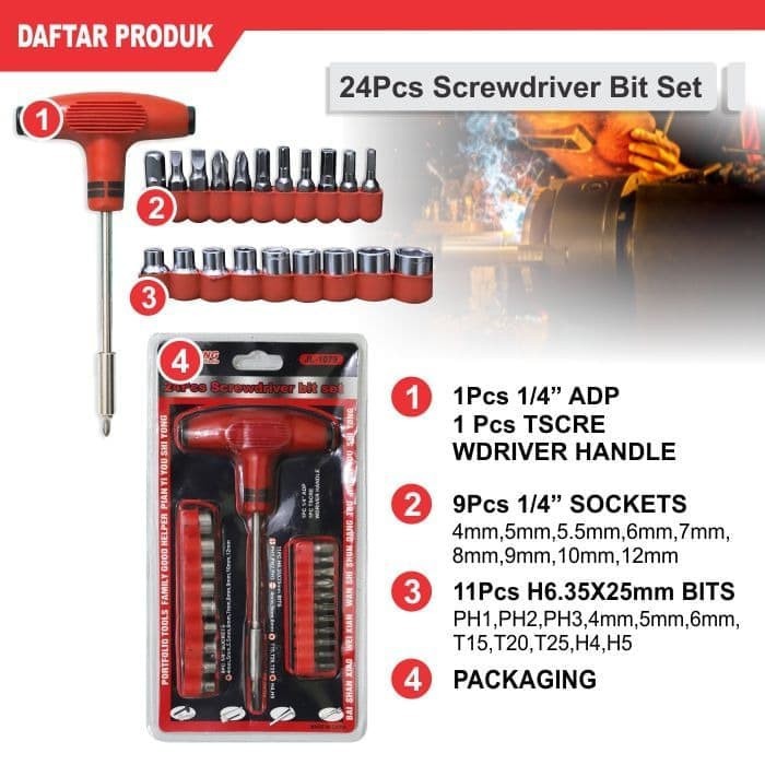 Obeng Bit T 24PCS Kunci Sock Set Min Plus Screwdriver Socket Tool Kit Set Palu Handle Nyaman Mantab