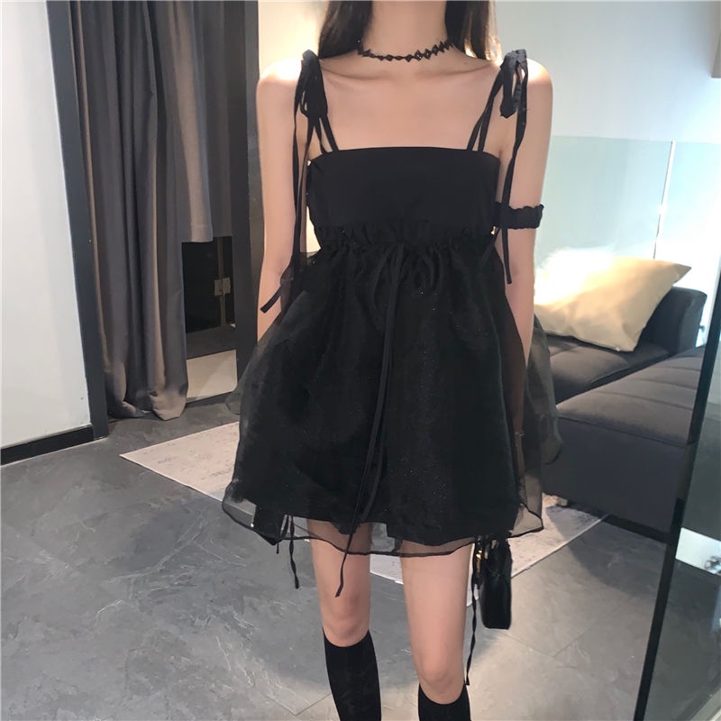 dress korean style dark suspender dress retro high waist French a-line short skirt fairy summer