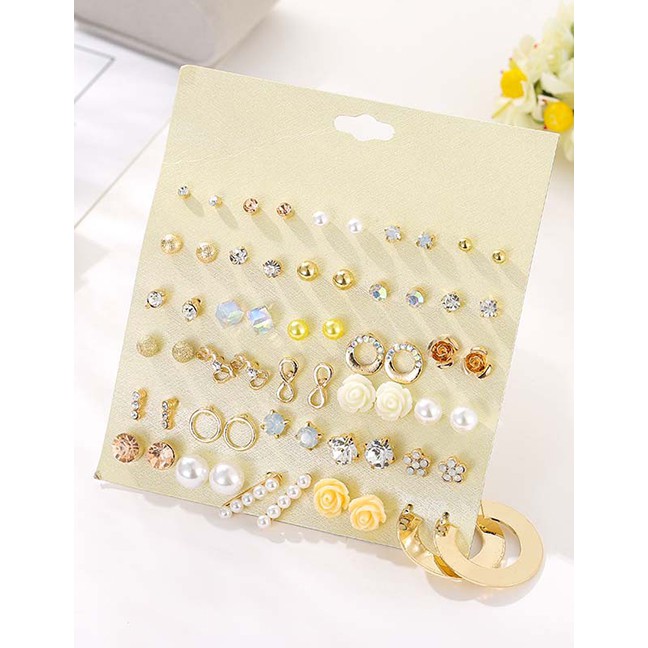 LRC Anting Set Fashion Color Flower And Diamond Geometric Round Earrings Set D81522