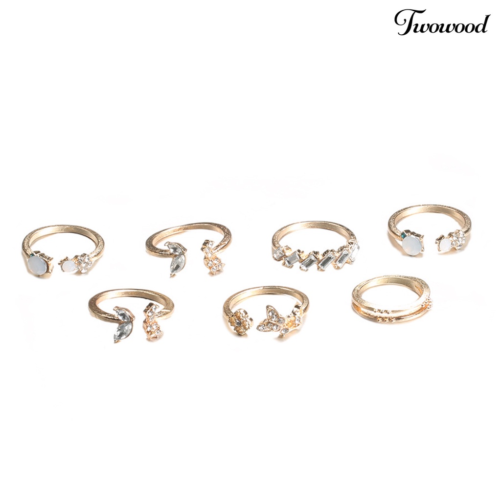 Twowood 7Pcs Elegant Opening Ring Shiny Rhinestones Wear-resistant Female Temperament Finger Ring for Decoration